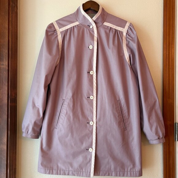 VTG 60s 70s London Fog Trench Coat Midi Length Pastel Purple White Trim Size 12 - Picture 3 of 8